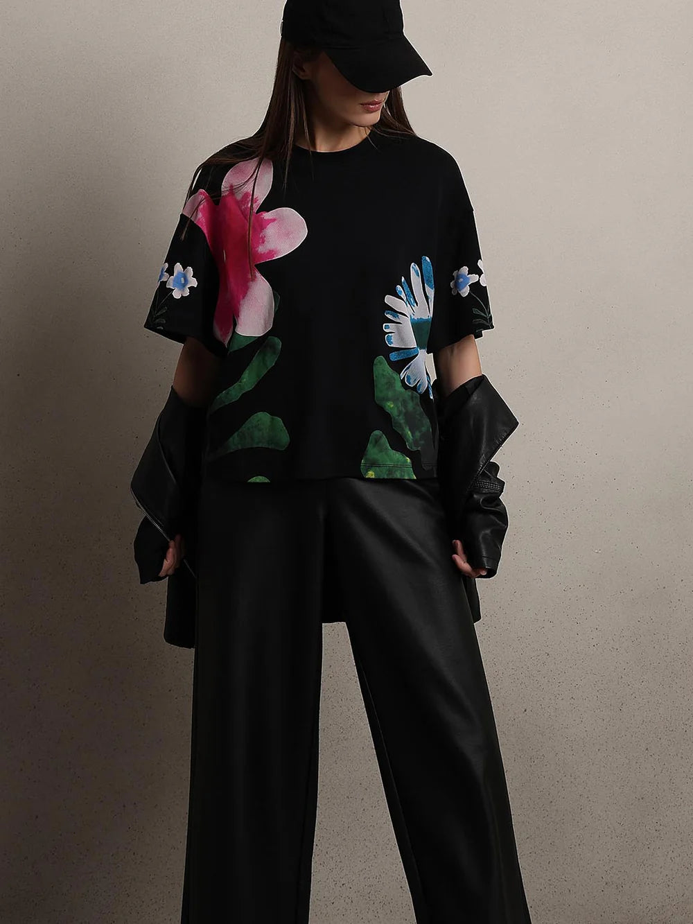BLACK FLORAL COTTON T-SHIRT