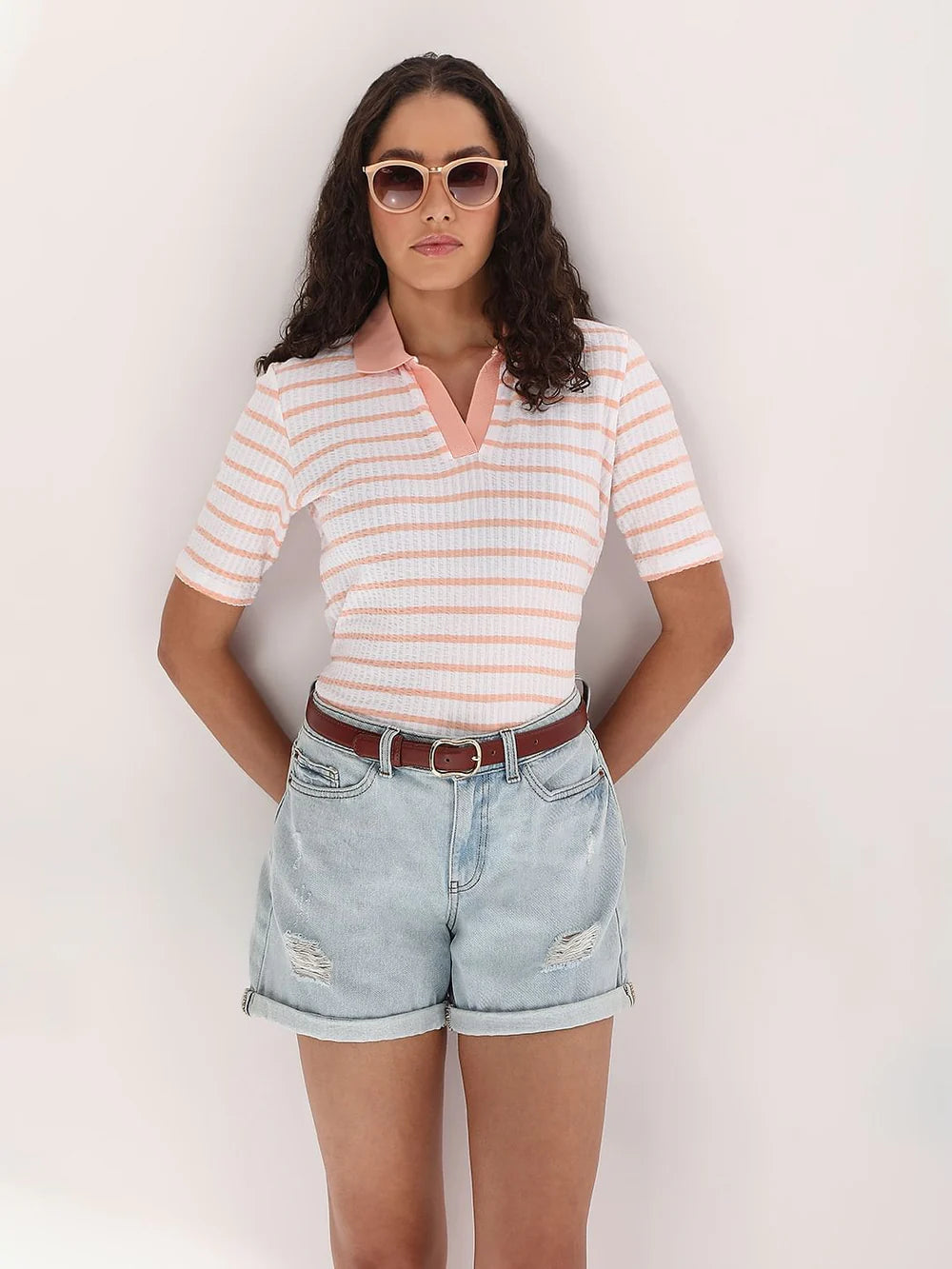 PINK STRIPED RIB-KNIT T-SHIRT