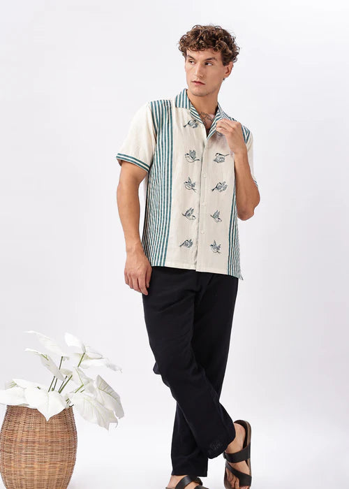 Soaring Sparrow Cotton Regular Fit Beige Embroidered Shirt
