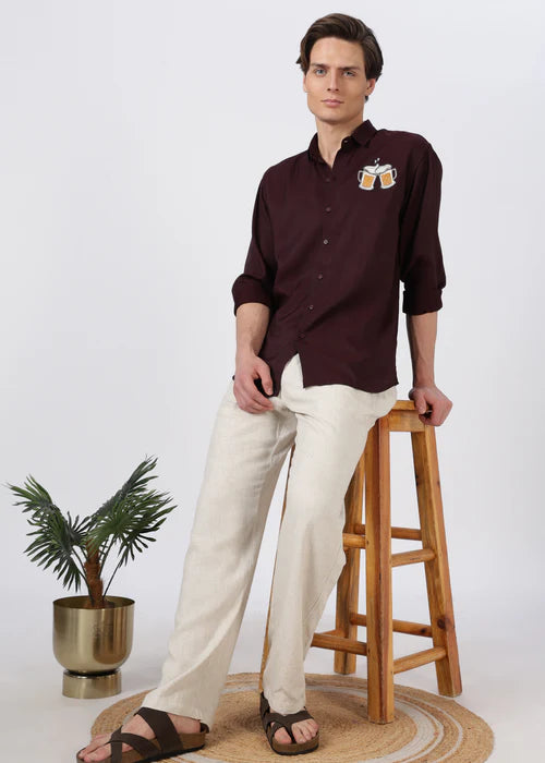 Beer Boys Fav Cotton Regular Fit Brown Embroidered Shirt