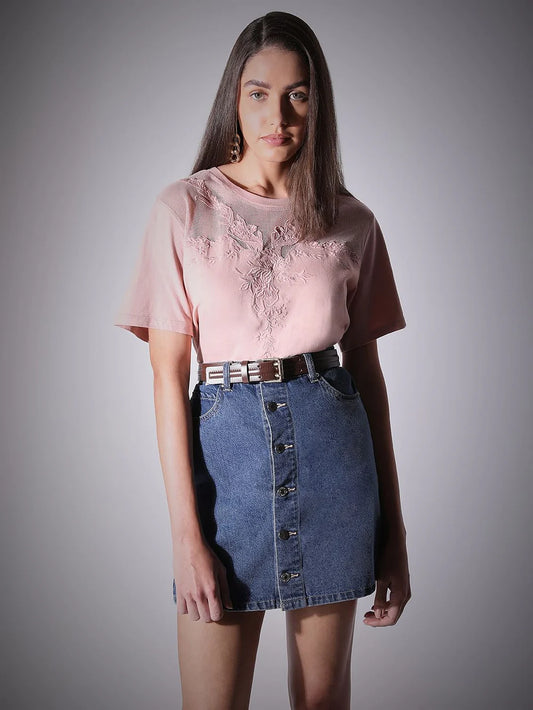 PINK FLORAL APPLIQU MESH T-SHIRT