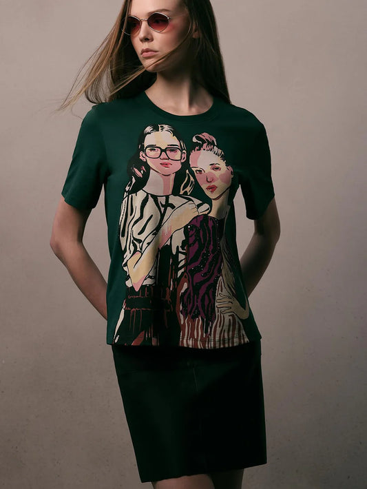 GREEN PRINTED COTTON T-SHIRT
