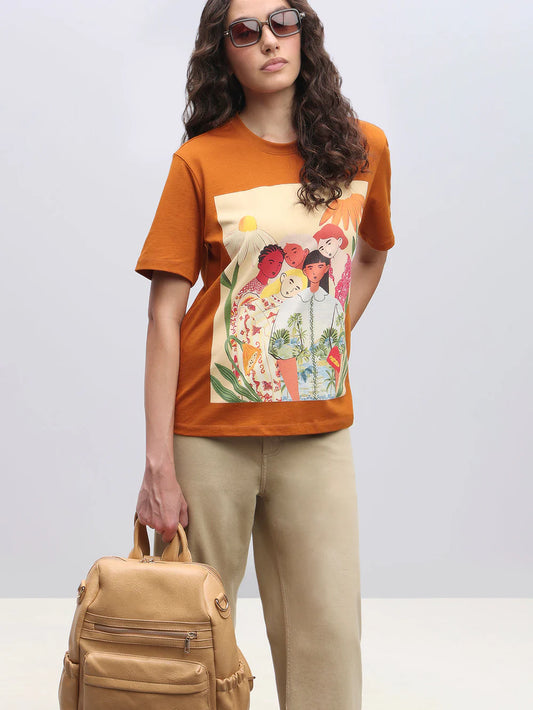ORANGE COTTON PRINTED T-SHIRT