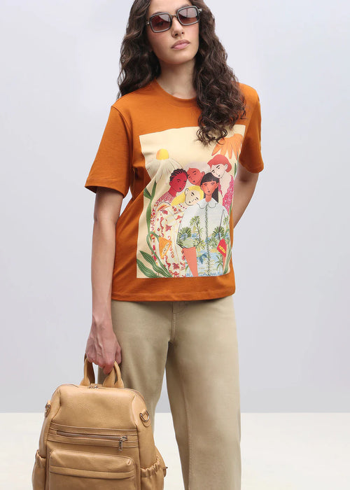ORANGE COTTON PRINTED T-SHIRT